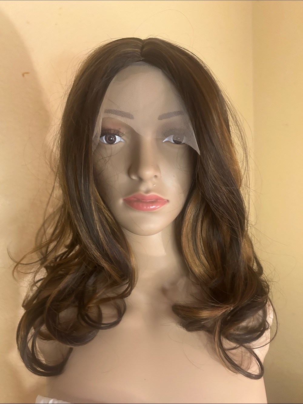 Women Synthetic Beach Wave Wig Piano Stripe Cosplay Costume Brown  18in